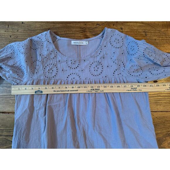 MissLook Gray / Blue Linen Blend Blouse Women's XL Eyelet Detail Ruffle Sleeves - Picture 6 of 11
